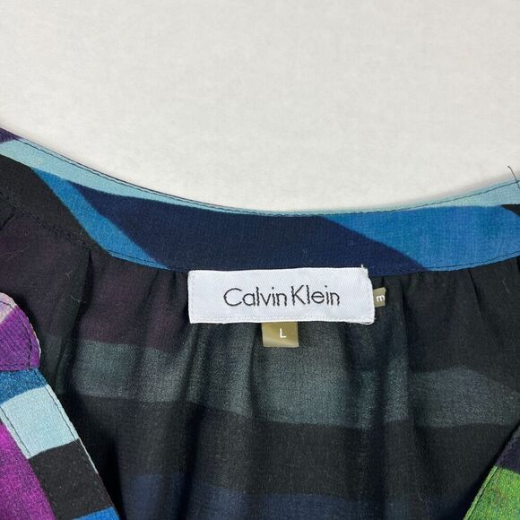 Calvin Klein Womens Peasant Blouse Striped Top Long Sleeve Artistic Shirt LARGE - Picture 4 of 12